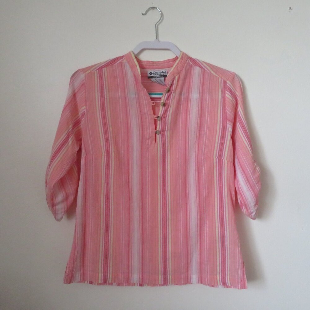 Columbia Sportswear Pink Striped Gauzy Cotton Top 3/4 Sleeve Women's L